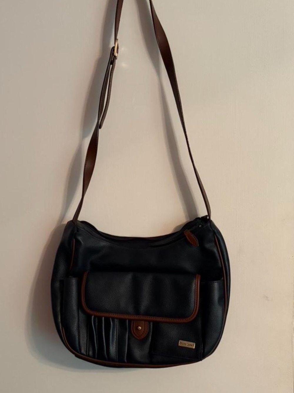Black/Navy Shoulder Bag with Brown Trim